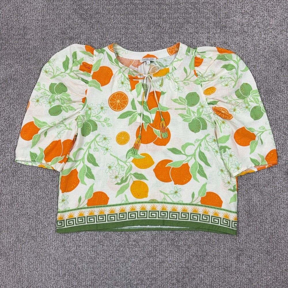 Rachel Zoe Top Women Large Novelty Citrus Blouse Linen Blend Beaded Tassel Boho